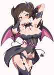  1girl armpits arms_up bikini black_bikini black_footwear blush boots breasts brown_hair cleavage demon_horns demon_tail demon_wings detached_collar fingernails full-face_blush groin highres horns idolmaster idolmaster_million_live! idolmaster_starlit_season kitazawa_shiho large_breasts looking_at_viewer midriff nail_polish rqm55 simple_background solo steam sweatdrop swimsuit tail thigh_boots twintails wings 