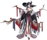  1girl azur_lane bangs bare_shoulders black_hair branch breasts cleavage closed_mouth collarbone cross detached_sleeves faux_figurine flower folded_fan folding_fan full_body fur_trim gujianshaonu hand_fan hat iron_cross japanese_clothes kimono large_breasts lips long_hair looking_at_viewer looking_away obi official_alternate_costume official_art peter_strasser_(azur_lane) peter_strasser_(chronos&#039;s_kalendae)_(azur_lane) purple_eyes sandals sash shiny shiny_hair smile solo standing tabi transparent_background very_long_hair wide_sleeves 