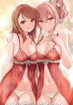  2girls areola_slip bangs bare_shoulders blush breasts brown_eyes brown_hair cleavage closed_mouth collarbone hand_on_own_chest highres hojo_karen idolmaster idolmaster_cinderella_girls jougasaki_mika large_breasts looking_at_viewer medium_hair mk_(mod0) multiple_girls navel panties parted_lips pink_hair see-through smile underwear yellow_eyes yellow_panties 