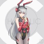  1girl absurdres android animal_ears charolic_(girls&#039;_frontline_2) cowboy_shot fake_animal_ears girls&#039;_frontline girls&#039;_frontline_2:_exilium grey_hair headgear highleg highleg_leotard highres leotard long_hair pantyhose rabbit_ears red_eyes remyfive smile solo 