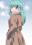  1girl alternate_costume aqua_hair blue_eyes brown_coat coat commentary_request from_behind fur-trimmed_coat fur_trim hair_ornament hairclip hands_in_pockets highres ishii_hisao kantai_collection long_hair looking_back smile snowflakes solo suzuya_(kancolle) 