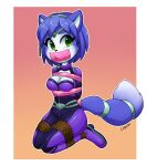  2018 alpha_channel anthro bdsm blue_body blue_fur blue_hair blue_tail bodysuit bondage bound breasts canid canine cleavage clothed clothing digital_media_(artwork) female fox full-length_portrait fully_clothed fur gradient_background green_eyes hair hands_behind_back headgear headwear krystal legs_tied mammal negieggy negitives nintendo portrait signature simple_background skinsuit solo star_fox tight_clothing 