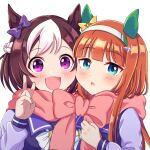  2girls animal_ears aqua_eyes bow brown_hair chestnut_mouth highres hime_cut horse_ears horse_girl long_sleeves mochitsuki_wataame multicolored_hair multiple_girls open_mouth orange_hair purple_eyes purple_serafuku scarf school_uniform serafuku shared_clothes shared_scarf short_hair silence_suzuka_(umamusume) simple_background smile special_week_(umamusume) streaked_hair tracen_school_uniform umamusume upper_body v white_background white_bow white_hair yuri 