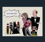  1girl 6+boys alfred_pennyworth bald batman batman_(series) blank_speech_bubble blue_eyes bow bowtie brown_jacket burger cake cake_slice candy cape crossed_arms damian_wayne dc_comics dick_grayson doughnut facial_hair fangs father_and_son food grandfather_and_grandson hair_between_eyes hokkemaruyaki jacket jason_todd lois_lane male_focus mother_and_son multiple_boys mustache nightwing open_mouth purple_sweater red_hood_(dc) robin_(dc) short_hair shouting simple_background speech_bubble super_sons superman_(series) sweater tim_drake torn_clothes 