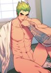  2boys abs arm_tattoo bara blush completely_nude genji_(overwatch) green_hair highres large_pectorals licking_another&#039;s_hand male_focus multiple_boys muscular muscular_male navel nipples nkraae nude overwatch overwatch_2 pectorals short_hair sitting solo_focus tattoo thighs tongue tongue_out yaoi 