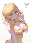  1girl absurdres bare_arms bare_shoulders blonde_hair breasts china_dress chinese_clothes chung_(ugwa) cleavage covered_navel curly_hair dress framed_breasts gold_trim grin hair_censor hair_ears hand_up highres large_breasts long_hair looking_at_viewer milestone_celebration no_bra orange_eyes original pelvic_curtain sleeveless sleeveless_dress smile solo ugwa v yellow_dress 