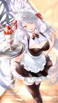  1girl absurdres alternate_costume apron black_dress black_thighhighs braid breasts brooch center_frills cleavage collarbone commission cross_tie dress enmaided feet_out_of_frame food fraux frilled_dress frills granblue_fantasy grey_hair hands_up highres holding holding_tray ice_cream indoors jewelry long_hair maid maid_apron maid_headdress nattsun_(018) one_eye_closed open_mouth skeb_commission smile solo standing sundae thighhighs tray twintails twitter_username yellow_eyes 