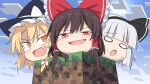  3girls black_hairband black_headwear black_ribbon blonde_hair bow braid brown_hair e.o. fang hair_bow hair_ribbon hair_tubes hairband hakurei_reimu hat highres kirisame_marisa konpaku_youmu long_hair minecraft multiple_girls open_mouth red_bow red_eyes ribbon short_hair sidelocks single_braid smile touhou white_hair witch_hat yellow_eyes yukkuri_shiteitte_ne 