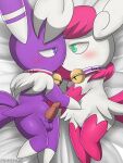  absurd_res alternate_color alternate_version_at_source anthro balls bed bell blush collar dipstick_ears erection female fur furniture generation_6_pokemon genitals gloves_(marking) green_eyes hair hi_res kissing leg_markings lying male male/female markings meowstic multicolored_ears neck_tuft nintendo on_bed on_side penis pink_body pink_fur pink_hair pokemon pokemon_(species) purple_body purple_eyes purple_fur pussy socks_(marking) tuft white_body white_fur white_hair winick-lim 