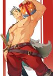  1boy animal_ears bara belt box brown_belt cape closed_mouth gift gift_box grey_hair hidora_art highres holding holding_gift large_pectorals male_focus muscular muscular_male navel nipples original pants pectorals red_cape red_pants scar scar_across_eye scar_on_face short_hair smile solo tail topless_male wolf_boy wolf_ears wolf_tail 