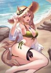  1girl :d animal_ears arm_support ass bangs bare_shoulders barefoot beach bikini blunt_bangs blush bracelet braid breasts brown_hair choker cleavage collarbone day ear_ornament ear_ribbon ears_through_headwear green_bikini green_ribbon halterneck hand_on_own_head hand_up hat highres horse_ears horse_girl horse_tail jacket jewelry long_hair long_sleeves looking_at_viewer medium_breasts midriff multi-strapped_bikini multicolored_hair navel ocean off_shoulder open_mouth outdoors pendant red_eyes revision ribbon rock satono_diamond_(umamusume) shadow side-tie_bikini_bottom sideboob sidelocks sitting smile solo straw_hat swimsuit tail teeth two-tone_hair umamusume upper_teeth_only very_long_hair vococo white_jacket yokozuwari 