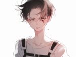  1boy angry bangs black_hair blood blood_from_eyes blood_on_face collarbone eyokiki levi_(shingeki_no_kyojin) looking_at_viewer male_focus open_mouth parted_bangs shingeki_no_kyojin short_hair simple_background white_background 