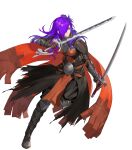  1girl armor armored_boots bangs belt boots breastplate breasts cape closed_mouth dual_wielding fire_emblem fire_emblem:_three_houses fire_emblem_heroes fire_emblem_warriors:_three_hopes full_body gauntlets hair_over_one_eye highres holding holding_sword holding_weapon leg_up long_hair looking_at_viewer looking_away medium_breasts multiple_belts non-web_source noy official_art pants pelvic_curtain purple_eyes purple_hair reverse_grip shez_(fire_emblem) shez_(fire_emblem)_(female) shiny shiny_hair shoulder_armor solo sword transparent_background weapon 