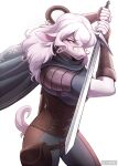  2022 5_fingers anthro breasts clothed clothing digital_media_(artwork) eyebrows eyelashes female fingers hair holding_object holding_sword holding_weapon melee_weapon red_eyes seyumei simple_background solo standing sword weapon white_background white_hair 