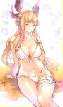  1girl absurdres arm_support bangs bare_shoulders bikini breasts choker cleavage closed_mouth commission feet_out_of_frame granblue_fantasy green_eyes hair_ornament hand_up highres large_breasts nattsun_(018) navel orange_hair sitting skeb_commission solo swimsuit tweyen_(eternal&#039;s_summer_vacation)_(granblue_fantasy) tweyen_(granblue_fantasy) twitter_username white_bikini wristband 