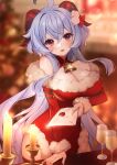  1girl ahoge ankkoyom bangs bare_shoulders bell blue_hair blush breasts candle cleavage coat cup drinking_glass fur-trimmed_coat fur_trim ganyu_(genshin_impact) genshin_impact highres horns large_breasts letter long_hair looking_at_viewer neck_bell off_shoulder open_mouth purple_eyes santa_costume sidelocks solo wine_glass 