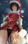 1girl amagami black_hair embarrassed english_text hat highres merry_christmas nanasaki_ai one-piece_swimsuit presenting revealing_clothes santa_costume santa_hat signature snowing solo swimsuit swimsuit_under_clothes yoo_tenchi 