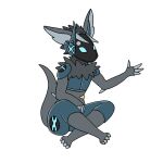  anthro armor black_clothing blue_body blue_clothing blue_eyes blue_fur blue_tail bump_attack chest_tuft claws clothing fur grey_body grey_fur grey_hair grey_tail hair horn machine neck_tuft protogen solo tuft visor 