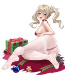  1girl :d absurdres alternate_costume bangs barbara_(genshin_impact) bare_arms bare_shoulders bikini bikini_under_clothes blonde_hair blue_eyes box breasts christmas christmas_present commentary_request crotch_seam drill_hair feet full_body fur-trimmed_bikini fur-trimmed_bikini_top fur_trim genshin_impact gift gift_box halterneck highres karmiel knees_together_feet_apart leaning_to_the_side legs looking_at_viewer medium_breasts no_headwear no_shoes open_mouth pantyhose reclining red_bikini red_headwear santa_bikini santa_costume see-through see-through_legwear sideboob sidelocks simple_background sitting smile soles solo star_(symbol) strap_gap string_bikini swimsuit teeth thighband_pantyhose thighs toe_seam toes tongue twin_drills underboob upper_teeth_only white_background white_pantyhose 