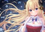  1girl absurdres bare_shoulders black_horns blonde_hair breasts christmas cleavage commentary_request detached_collar gloves hair_between_eyes heart heart_hands highres hololive horns kaigan long_hair looking_at_viewer purple_eyes sheep_girl sheep_horns smile snowflakes solo tsunomaki_watame upper_body virtual_youtuber white_gloves 