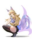  1girl absurdres ahri_(league_of_legends) animal_ears ass bangs bare_shoulders blonde_hair breasts facial_mark fox_ears fox_tail from_side high_heels highres k/da_(league_of_legends) k/da_ahri kuroha_(rockluo213) large_breasts league_of_legends long_hair looking_at_viewer multiple_tails shiny shiny_clothes shiny_hair shiny_skin short_sleeves smile solo squatting tail whisker_markings yellow_eyes 