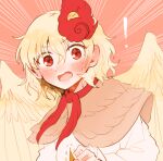  ! 1girl animal animal_on_head bird bird_on_head bird_wings blonde_hair blush emphasis_lines feathered_wings hair_between_eyes itomugi-kun long_sleeves looking_at_viewer multicolored_hair niwatari_kutaka on_head open_mouth orange_background red_eyes shirt short_hair simple_background solo touhou two-tone_hair upper_body white_shirt wings yellow_wings 