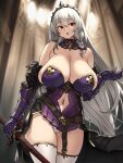  1girl bangs bare_shoulders breasts cleavage clothing_cutout elbow_gloves gloves grey_hair highres houtengeki large_breasts looking_at_viewer navel_cutout original parted_lips purple_gloves red_eyes solo thighhighs thighs white_thighhighs 
