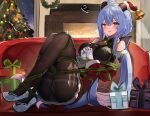  1girl ahoge bangs bare_shoulders bell black_pantyhose blue_hair blush bound breasts christmas christmas_tree detached_sleeves fireplace full_body ganyu_(genshin_impact) genshin_impact gift gloves green_ribbon high_heels highres horn_ornament horns indoors long_hair looking_at_viewer lying medium_breasts neck_bell on_side pantyhose purple_eyes ribbon ribbon_bondage santa_costume sidelocks solo squiggle sweatdrop the_olphy thighlet thighs white_gloves 