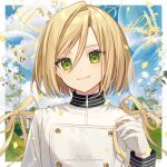  1boy bangs blonde_hair blue_sky character_name closed_mouth cloud cloudy_sky commentary_request dated day eyebrows_hidden_by_hair fate/extra fate_(series) flower gloves green_eyes hair_between_eyes highres karokuchitose leonard_bistario_harway long_sleeves looking_at_viewer male_focus petals ribbon shirt single_hair_intake sky smile solo thick_eyebrows upper_body white_flower white_gloves white_shirt yellow_ribbon 