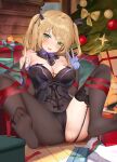  1girl absurdres blonde_hair breasts cameltoe christmas christmas_tree cleavage double_v feet fischl_(genshin_impact) green_eyes highres lanyingchengzhi legs_up looking_at_viewer no_eyepatch red_ribbon ribbon see-through see-through_legwear single_leg_pantyhose single_thighhigh soles solo spread_legs thighhighs toes v 