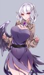  1girl braid breasts brown_jacket cleavage closed_mouth covered_navel cowboy_shot dress grey_background grey_hair highres jacket kishin_sagume large_breasts long_sleeves open_clothes open_jacket purple_dress raptor7 red_eyes short_hair simple_background solo touhou 