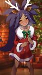  1girl :d alternate_costume bangs blurry blurry_background blush breath christmas christmas_tree collarbone commentary_request dark-skinned_female dark_skin eyelashes hair_rings half-closed_eyes highres horns indoors iris_(pokemon) kohatsuka long_hair long_sleeves looking_at_viewer open_mouth pokemon pokemon_(game) pokemon_bw purple_hair red_eyes smile solo standing teeth tongue upper_teeth_only 