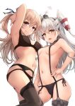  2girls amatsukaze_(kancolle) black_panties black_thighhighs blush brown_eyes closed_mouth fang garter_straps gloves hair_between_eyes hair_tubes highres jewelry johnston_(kancolle) k_jie kantai_collection light_brown_hair long_hair multiple_girls navel open_mouth panties ring simple_background skin_fang smile thighhighs two_side_up underwear underwear_only wedding_ring white_background white_gloves white_hair windsock yellow_eyes 