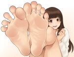  1girl :d barefoot brown_eyes brown_hair feet foot_focus greek_toe highres long_hair looking_at_viewer open_mouth original rg_(gumin) simple_background smile solo teeth toes white_background 