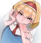  1girl alice_margatroid blonde_hair blush cum cum_in_mouth fellatio frogsnake looking_at_viewer oral penis protected_link simple_background 