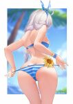  1girl absurdres ass ass_focus back bikini blue_bikini blue_sky blurry blurry_background border breasts flower hamilundenongdizhe headband highres honkai_(series) honkai_impact_3rd kiana_kaslana palm_tree sky solo strapless strapless_bikini striped striped_bikini sunflower swimsuit tree twintails white_border white_hair 