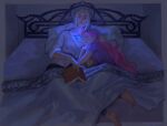  2girls aina_(mayexplode) bangs bed blanket blue_shirt book camille_(league_of_legends) closed_eyes closed_mouth grey_shirt highres holding holding_book league_of_legends long_hair lying multiple_girls on_back on_side open_book parted_bangs pillow pink_hair pink_shirt seraphine_(league_of_legends) shirt short_hair short_sleeves 