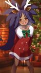  1girl :d alternate_costume arms_behind_back bangs blurry blurry_background blush bow breath buttons christmas christmas_tree coat collarbone commentary_request dark-skinned_female dark_skin green_bow hair_rings highres horns indoors iris_(pokemon) kohatsuka leaning long_hair looking_at_viewer open_mouth pokemon pokemon_(game) pokemon_bw purple_hair red_coat red_eyes smile solo standing teeth tongue upper_teeth_only 