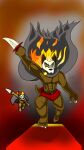  anthro bone bottomwear canid canine claws cloak clothing fire flaming_hair forsburn hi_res hyena knife loglord loincloth male mammal mask melee_weapon pseudo_hair red_eyes rivals_of_aether skull skull_mask smoke solo weapon 