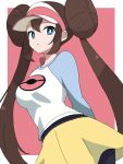  1girl bangs black_pantyhose blue_eyes breasts bright_pupils brown_hair commentary_request double_bun doughnut_hair_bun eyelashes hair_bun highres kuma_(pmnt3825) legwear_under_shorts long_hair looking_at_viewer pantyhose parted_lips pokemon pokemon_(game) pokemon_bw2 raglan_sleeves rosa_(pokemon) shirt shorts solo twintails visor_cap white_pupils yellow_shorts 