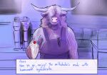 2022 animated anthro apron biped bovid bovine breasts cattle clothing dialogue digital_media_(artwork) doctordj english_text female hair hair_over_eyes hi_res highland_cattle horn mammal milkshake solo subtle_animation talking_to_viewer text 