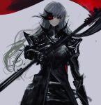  1girl albino armor elf eyepatch flag gauntlets grey_hair highres long_hair looking_at_viewer original pale_skin pauldrons pointy_ears red_eyes shoulder_armor simple_background smile solo standard_bearer tuda6 white_hair wind 