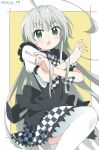  1girl absurdres ahoge apron bangs black_apron black_bow blush bow bowtie checkered_bow checkered_bowtie checkered_clothes checkered_skirt chestnut_mouth crossed_arms cynical_(llcbluckg_c004) eyelashes framed frilled_apron frilled_skirt frills fringe_trim green_eyes grey_hair hair_between_eyes haiyore!_nyaruko-san highres huge_ahoge leg_up long_hair looking_at_viewer miniskirt nyarlathotep_(nyaruko-san) open_mouth puffy_short_sleeves puffy_sleeves shirt short_sleeves skirt solo standing standing_on_one_leg thighhighs v-shaped_eyebrows very_long_hair white_shirt white_thighhighs yellow_background zettai_ryouiki 