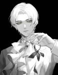  1boy absurdres black_background closed_mouth greyscale highres laoyepo looking_at_viewer male_focus mole mole_under_eye monochrome neckerchief shirt short_hair simple_background solo tears_of_themis upper_body vyn_richter_(tears_of_themis) white_hair white_neckerchief white_shirt yellow_eyes 