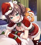  1girl absurdres aqua_eyes ayaoshiro bell bikini blush breasts brown_hair capelet christmas curtains facial_tattoo fur_trim garter_straps gloves grin hat highres hololive looking_at_viewer matsurisu medium_hair natsuiro_matsuri neck_bell sack santa_bikini santa_costume santa_hat side_ponytail small_breasts smile solo swimsuit tattoo virtual_youtuber window zettai_ryouiki 