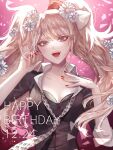  1girl :d artist_name bangs black_bra black_shirt blue_eyes bow bra cosplay danganronpa:_trigger_happy_havoc danganronpa_(series) dated enoshima_junko enoshima_junko_(cosplay) flower freckles gradient gradient_background hair_bow hair_flower hair_ornament hands_up happy_birthday highres ikusaba_mukuro nail_polish necktie pink_background red_nails shirt smile solo twintails underwear watermark white_bow white_flower z-epto_(chat-noir86) 