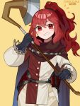  1girl anna_(fire_emblem) artist_name axe bag bangs belt black_belt black_gloves brown_cape brown_shirt cape chocojax commentary english_commentary fire_emblem fire_emblem_engage gloves grin hair_between_eyes hair_tie highres holding holding_axe holding_weapon long_hair long_sleeves looking_at_viewer pants patreon_logo ponytail red_eyes red_hair satchel shirt simple_background smile solo teeth twitch_logo twitter_logo two-tone_shirt weapon white_pants white_shirt yellow_background 
