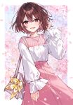  1girl bag brown_hair button_up_skirt cherry_blossoms commentary_request falling_petals framed hanagata hand_to_head high-waist_skirt highres hoshimi-kun_no_produce jewelry kokone_shiya looking_at_viewer necklace novel_illustration official_art open_mouth petals pink_skirt puffy_sleeves short_hair skirt smile solo 