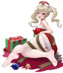  1girl :d absurdres alternate_costume ass barbara_(genshin_impact) bare_arms bare_shoulders blonde_hair blue_eyes blush box breasts choker christmas christmas_present commentary_request cross crotch_seam dress drill_hair feet full_body fur-trimmed_dress fur_trim genshin_impact gift gift_box hat highres karmiel knees_together_feet_apart latin_cross leaning_to_the_side leg_ribbon legs long_hair looking_at_viewer medium_breasts mini_hat no_shoes open_mouth panties panties_under_pantyhose pantyhose reclining red_choker red_dress red_headwear red_panties ribbon santa_costume see-through see-through_legwear short_dress simple_background sitting sleeveless sleeveless_dress smile soles solo star_(symbol) teeth thighband_pantyhose toe_seam tongue twin_drills two-tone_headwear two-tone_ribbon underwear upper_teeth_only white_background white_pantyhose 
