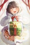  1girl bell black_hair blush box capelet facing_viewer gift gift_box gloves holding holding_gift kantai_collection mittens official_alternate_costume open_mouth ranran_3939 short_hair_with_long_locks sidelocks smile solo ukuru_(kancolle) white_capelet white_gloves white_mittens 